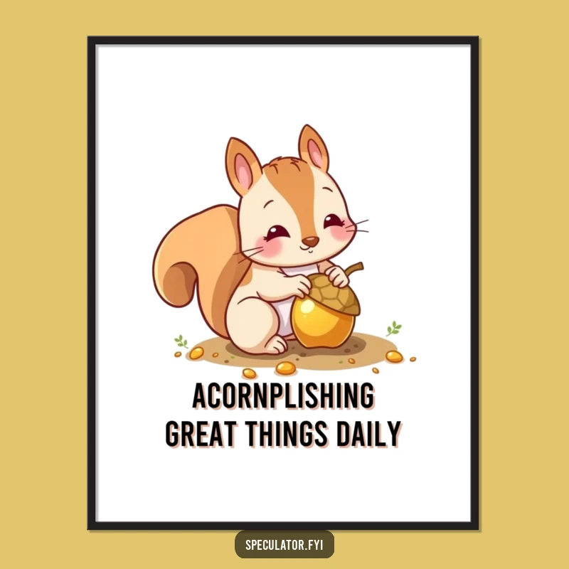 Free Printable Wall Art: Funny Squirrel's Golden Acorn Treasure, Downloadable Home Decor