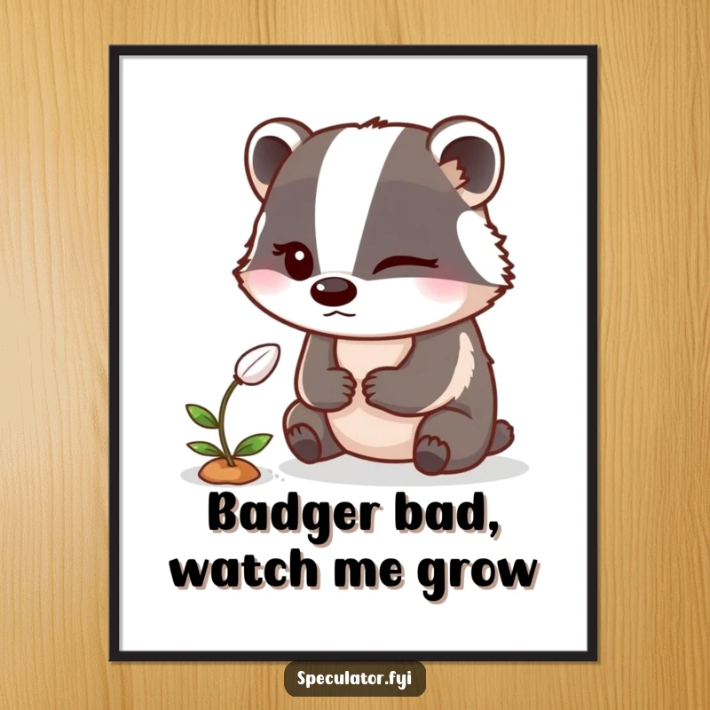 Funny Free Printable Wall Art: A badger winks knowingly while observing a tiny sprouting seed, adding whimsical charm.