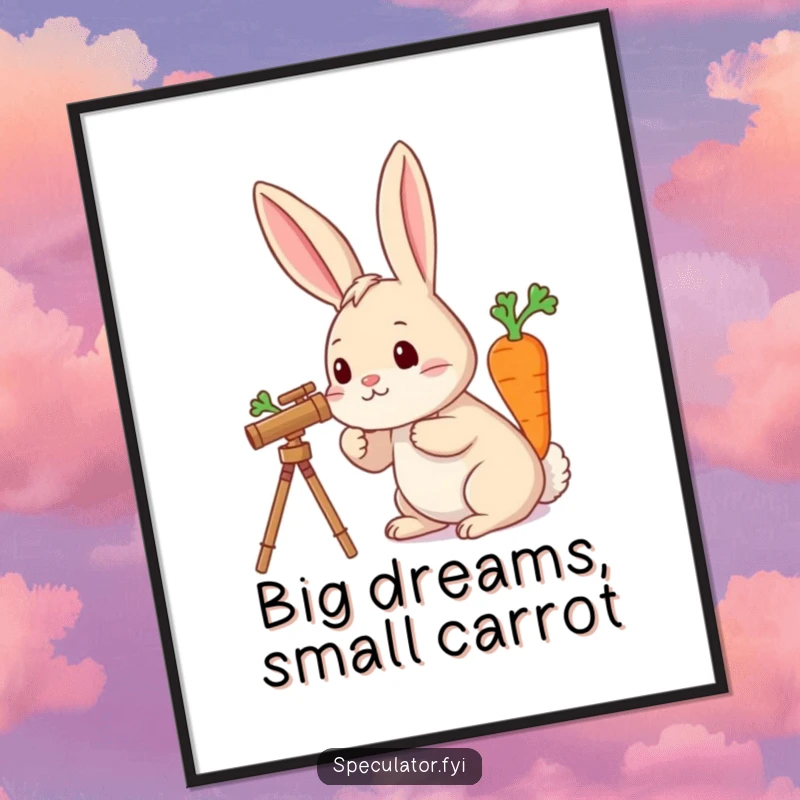Funny Free Printable Wall Art: Curious rabbit peers intently through telescope at a giant, delicious carrot. Whimsical downloadable art.