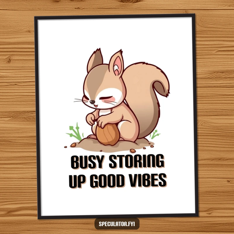 Funny Free Printable Squirrel Wall Art: Nimble squirrel quickly buries a nut while glancing around, creating playful decor.