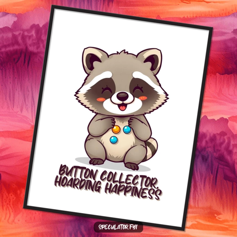 Funny Free Printable Wall Art: A joyful raccoon giggles uncontrollably while counting a huge pile of sparkling buttons.