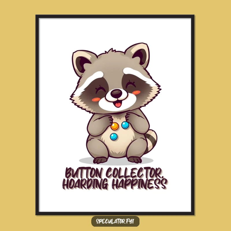 Funny Free Printable Wall Art: Giggling Raccoon Button Collector - Downloadable Decor