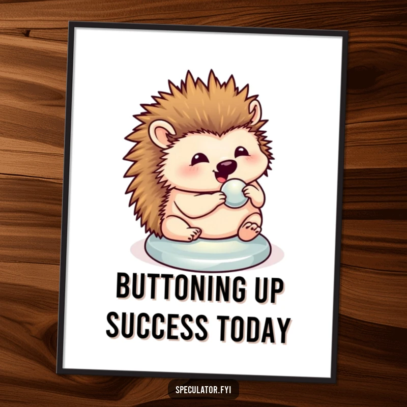 Funny free printable wall art of a contented hedgehog meticulously polishing a small, gleaming button with great care.