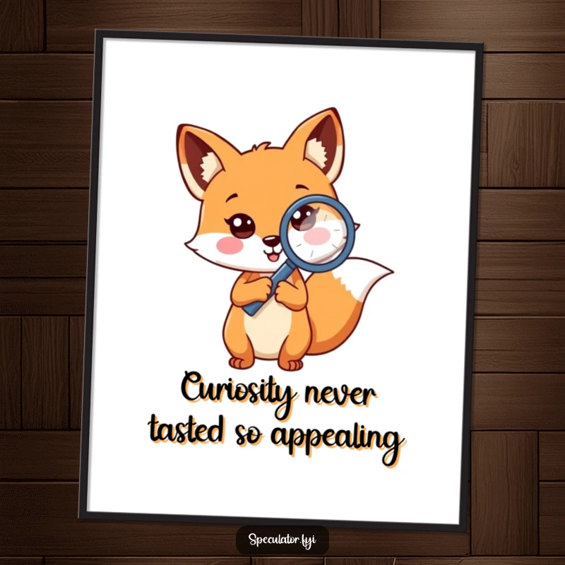 Funny Free Printable Wall Art: A cheerful fox holding a magnifying glass to a large question mark, suggesting deep thought.