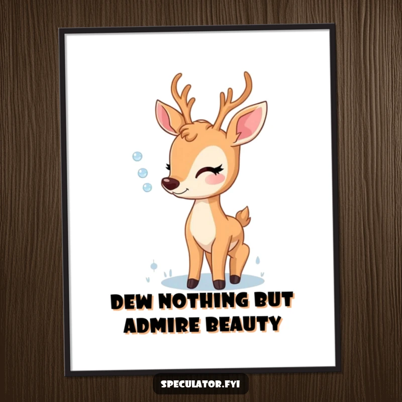 Peaceful Free Printable Wall Art: A graceful deer looks with delightful wonder at a glistening dewdrop.