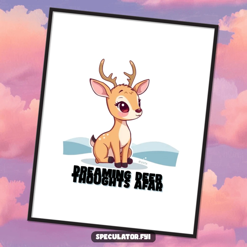 Funny Free Printable Wall Art showing a thoughtful kawaii deer looking out at a vast, distant, and inspiring horizon.