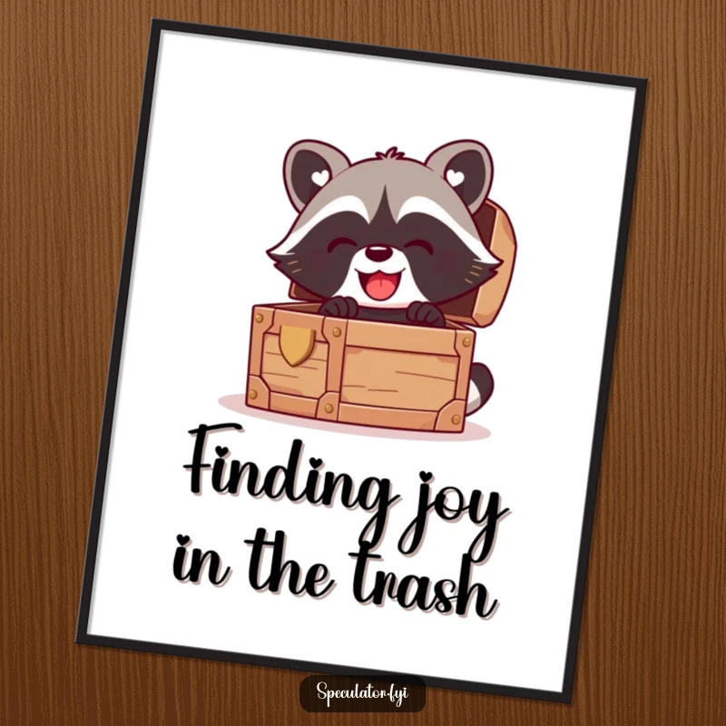 Funny Free Printable Wall Art showing a kawaii raccoon joyfully peering into a treasure chest filled with sparkling riches.
