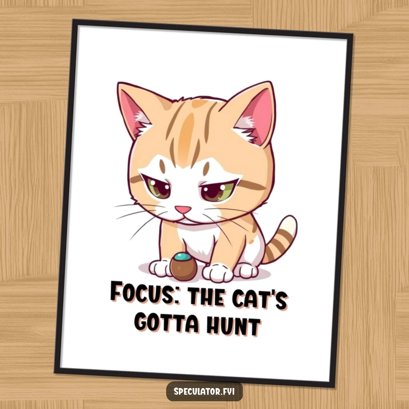 Funny Free Printable Wall Art: A cat character's eyes are locked onto a tiny moving object with extreme focus.