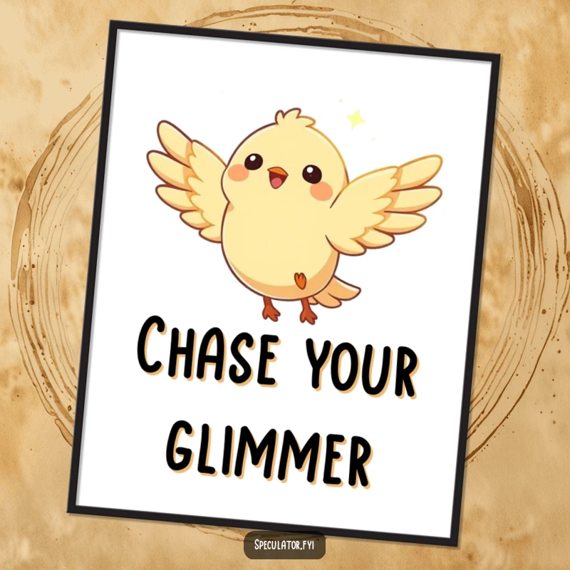 Funny Free Printable Wall Art: A happy bird character with wings spread wide, joyfully soaring towards a distant, inviting glimmer of light.