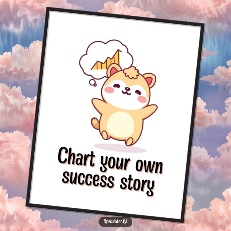 Funny Free Printable bouncing Kawaii animal with a rising stock graph in its thought bubble, as humorous wall art.
