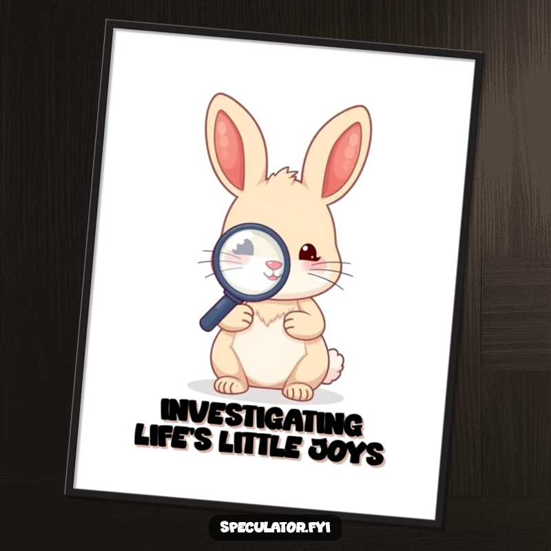Funny Free Printable Wall Art: A kawaii rabbit with a magnifying glass closely examining a tiny object, a curious and detailed study.
