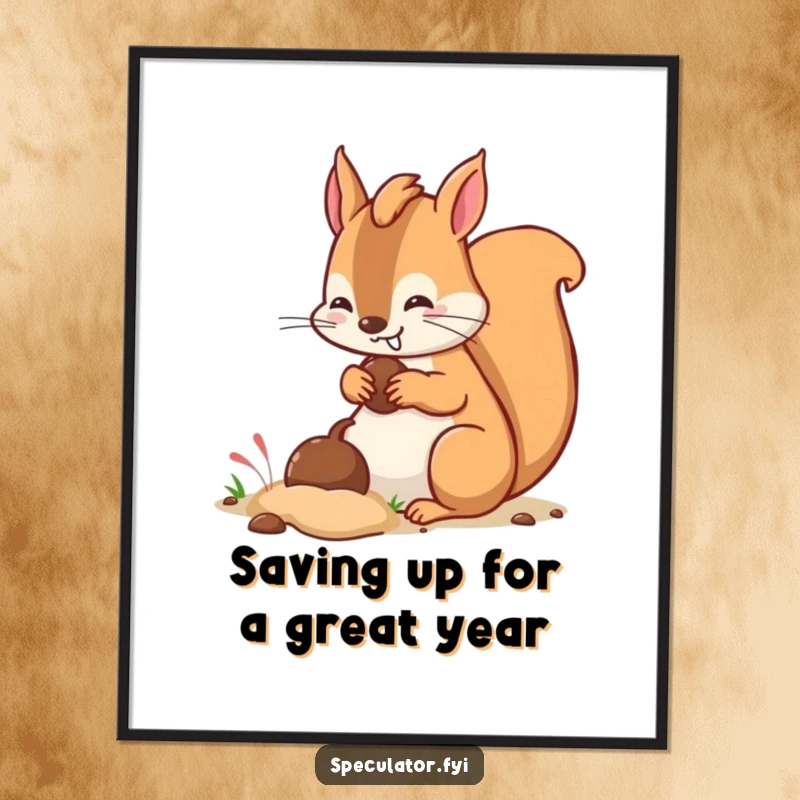 Funny Free Printable Wall Art: A kawaii squirrel with a mischievous grin burying a nut, a playful hoarding scene.