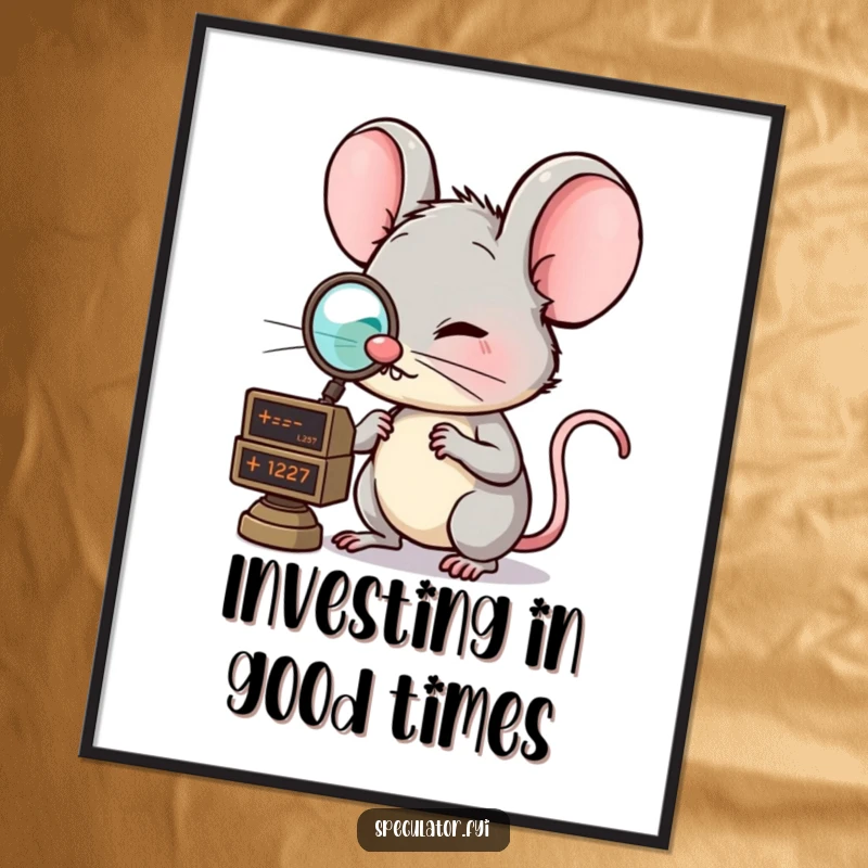 Funny Free Printable wall art: A clever mouse character wearing a tiny monocle intently examines a floating market ticker.