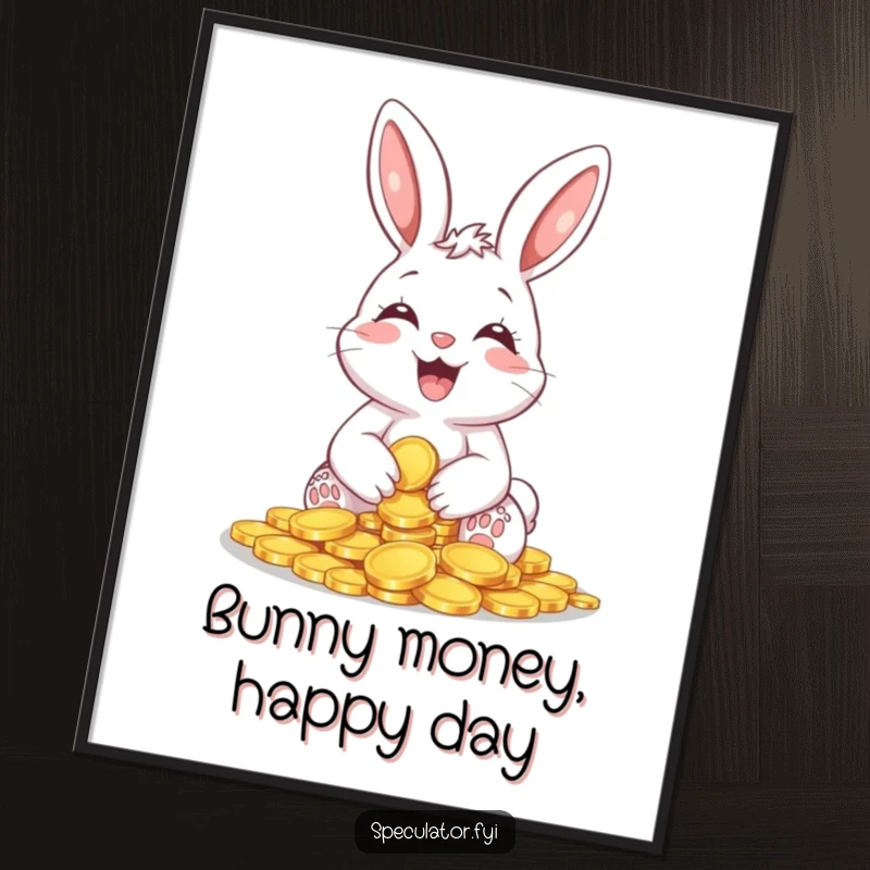 Funny Free Printable Wall Art: A giggling bunny happily holding a pile of shiny coins, symbolizing luck, wealth, and cheerful abundance.