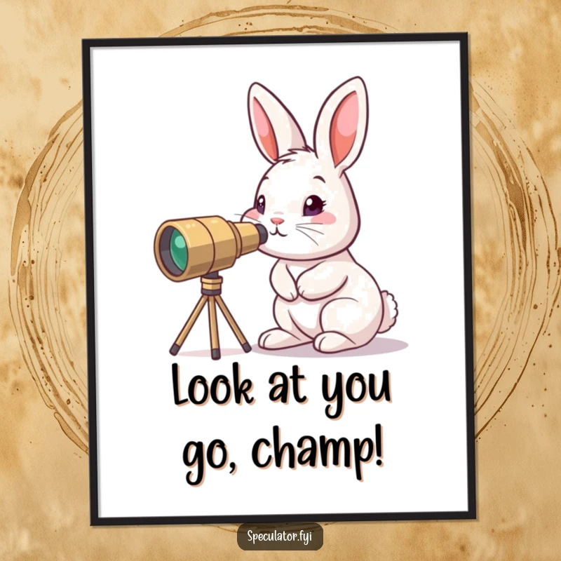 Funny Free Printable Wall Art: A curious bunny with wide eyes peering through a small telescope, looking at the stars.