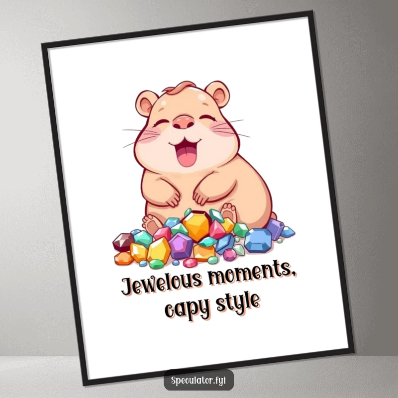 Funny Free Printable Wall Art: A serene capybara character lounging contentedly next to a large pile of glittering gemstones.