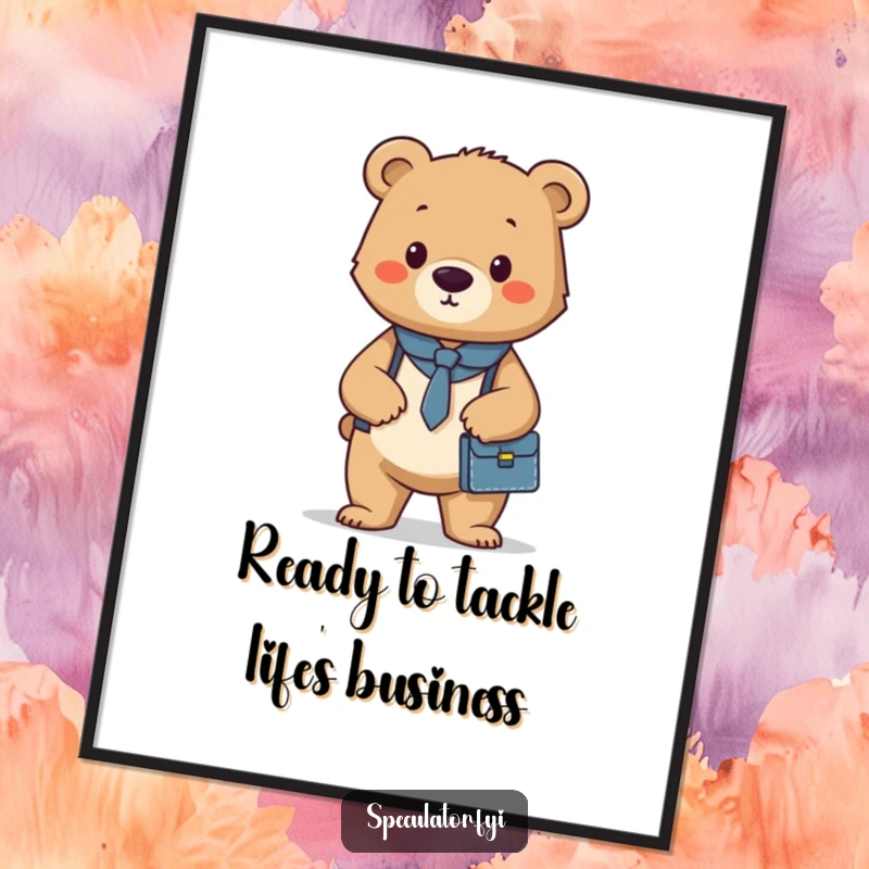 Funny Free Printable Wall Art: A confident bear cub stands tall holding a small briefcase, ready for business.