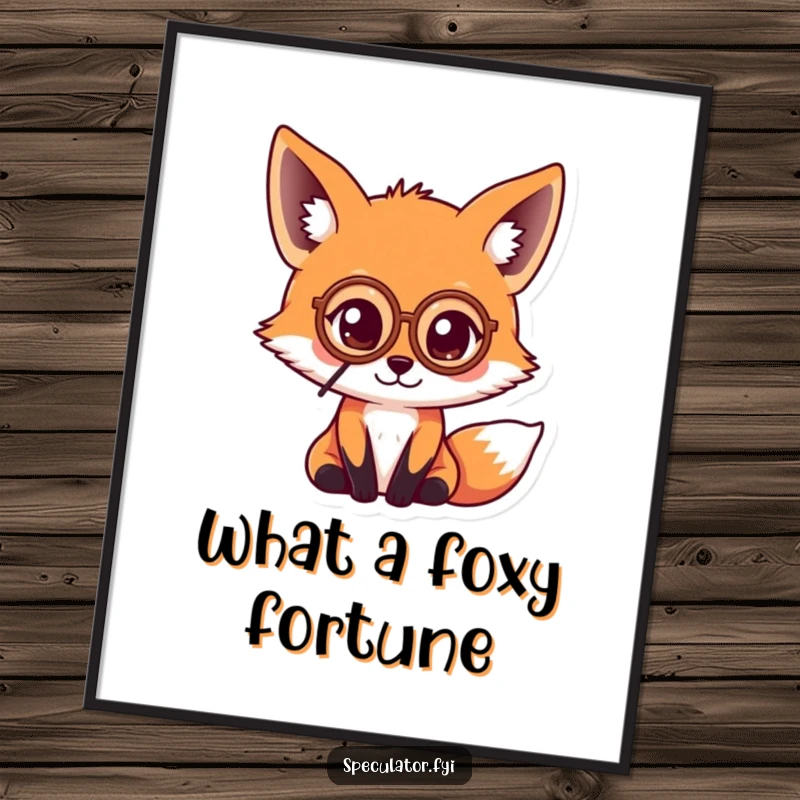Funny Free Printable Wall Art: Kawaii fox in a monocle intently examining a coin, sophisticated downloadable art.