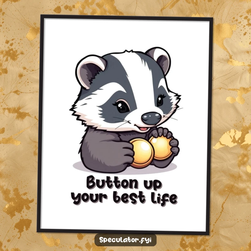 Funny Free Printable Wall Art of a determined badger smiling brightly while inspecting a shiny button with great care.