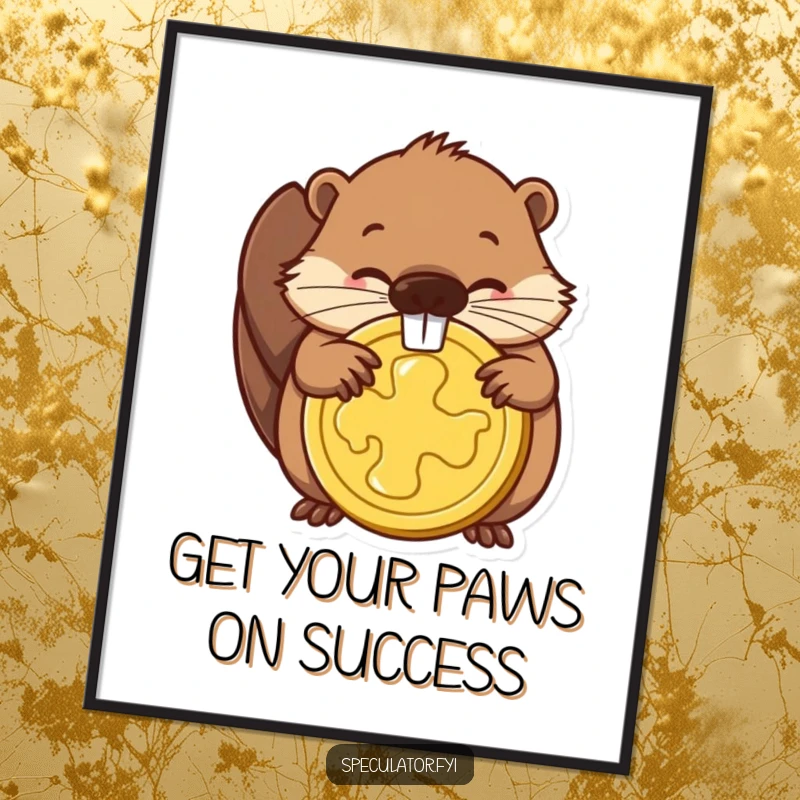 Funny Free Printable Wall Art: A determined beaver gnawing on a large golden coin, representing ambition and success.