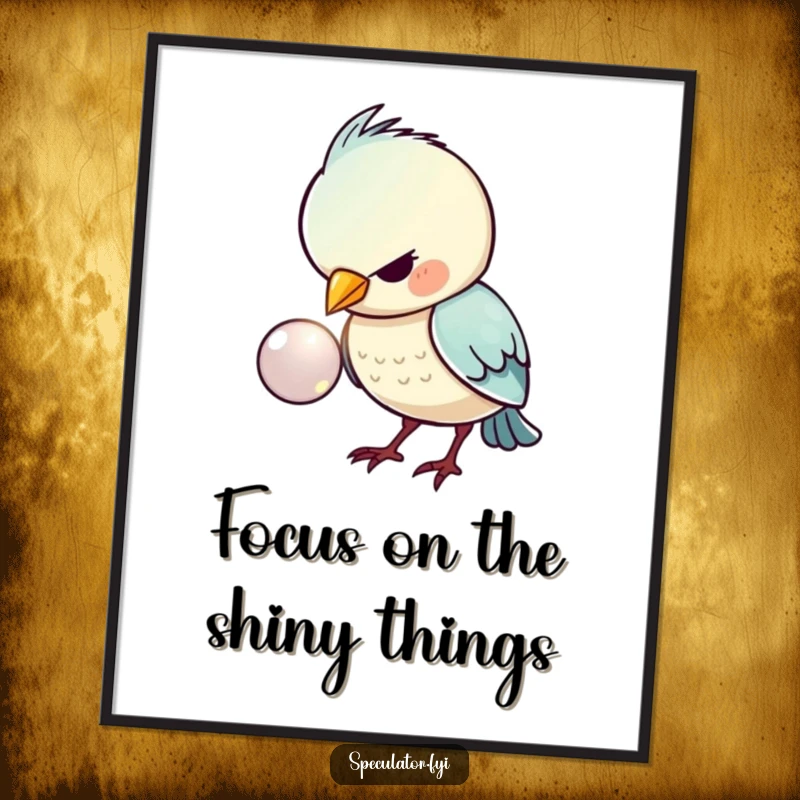 Funny Free Printable Wall Art: A kawaii bird intensely examining a shiny button, humorous and cute downloadable decor.