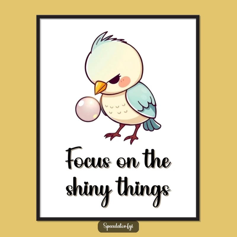 Free Printable Wall Art: Funny Kawaii Bird Button Focus, Humorous Downloadable Decor