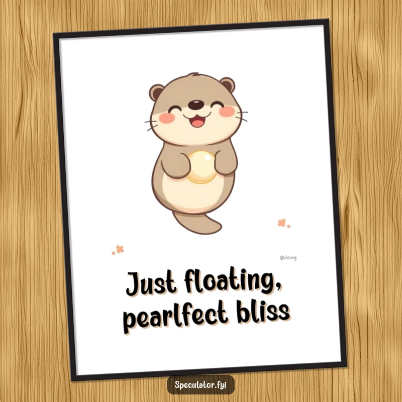 Funny Free Printable Wall Art: A content otter character floating peacefully on its back, cherishing a luminous pearl.