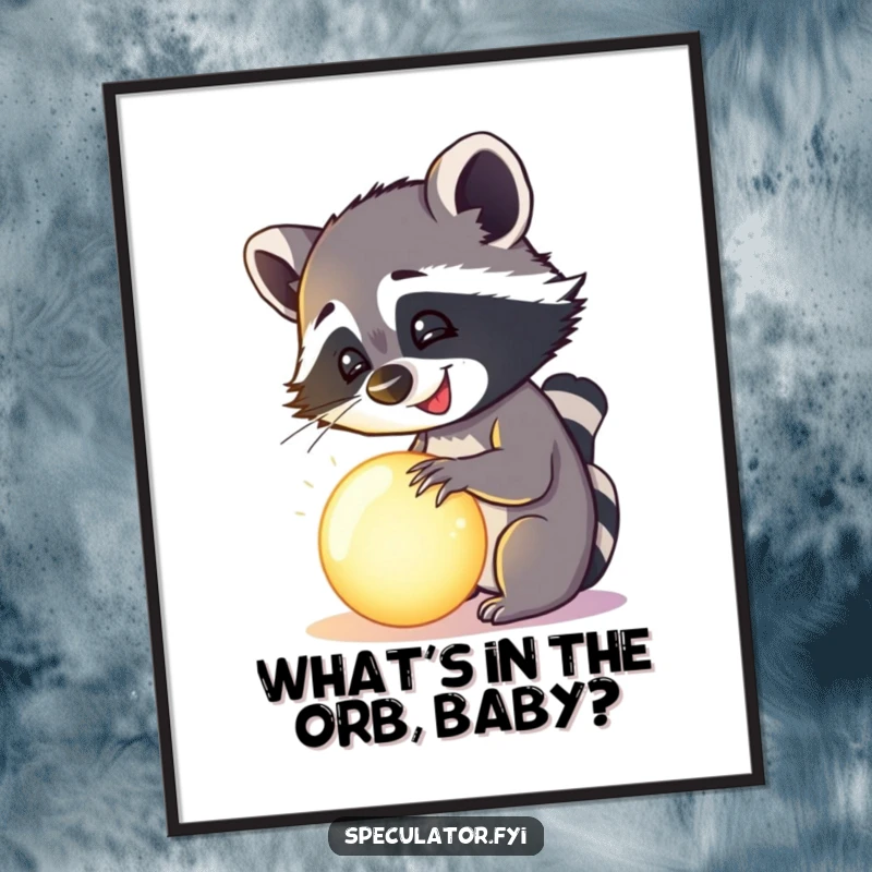 Funny Free Printable Wall Art of a happy raccoon examining a mysterious, glowing orb with sheer delight.