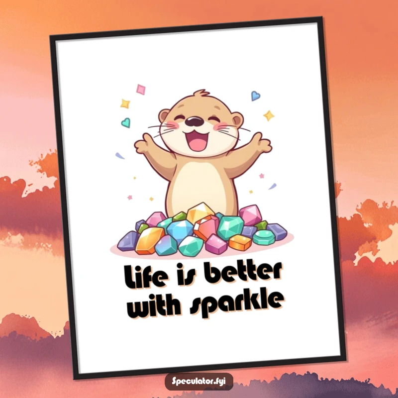 Funny Free Printable Wall Art: A joyful otter doing a happy dance around a pile of colorful gems, adding whimsy.