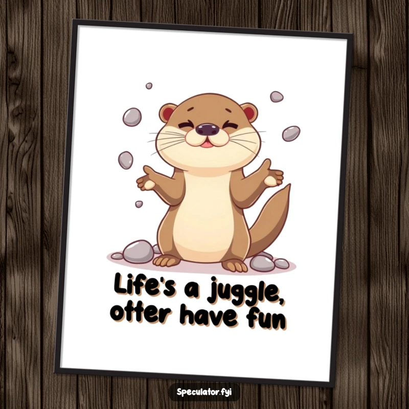 Funny Free Printable Wall Art: A playful otter character skillfully juggles shiny pebbles, showcasing impressive dexterity and joy.