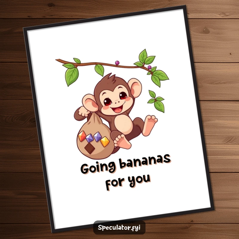 Funny Free Printable Wall Art: Playful monkey swings energetically from a vine, clutching a bag brimming with colorful, shiny gems. Adventurous downloadable art.