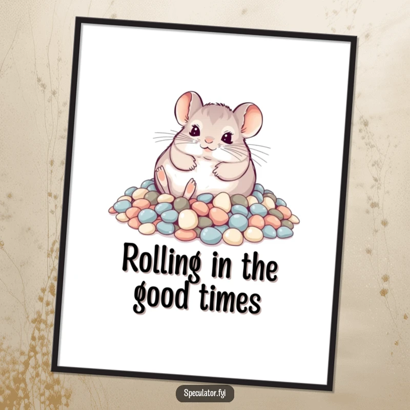 Funny Free Printable Wall Art of a playful chinchilla rolling around gleefully in a heap of shimmering pebbles.