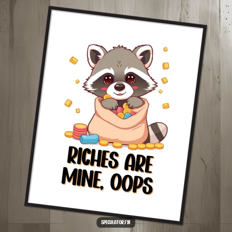 Funny Free Printable Wall Art: A curious raccoon character peeking into a sack overflowing with glittering gold and jewels.