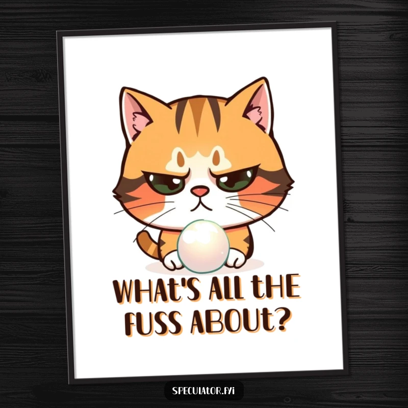 Funny Free Printable Wall Art: A skeptical cat with narrowed eyes intensely examining a mysterious shimmering object, adding intrigue.