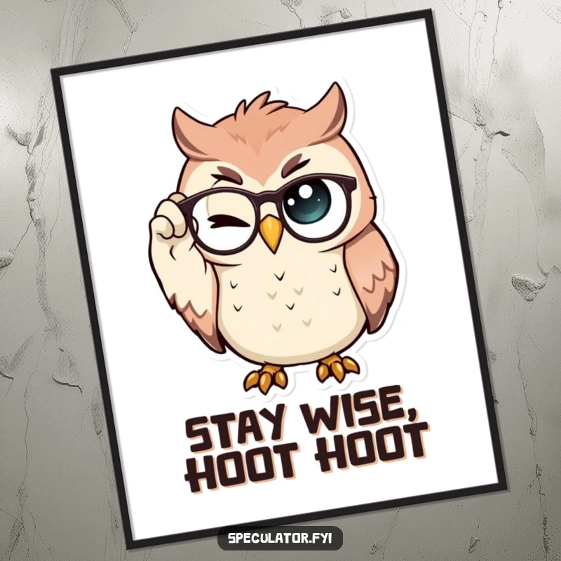 Funny Free Printable Wall Art of a proud owl adjusting spectacles and giving a knowing wink, adding intellectual charm.