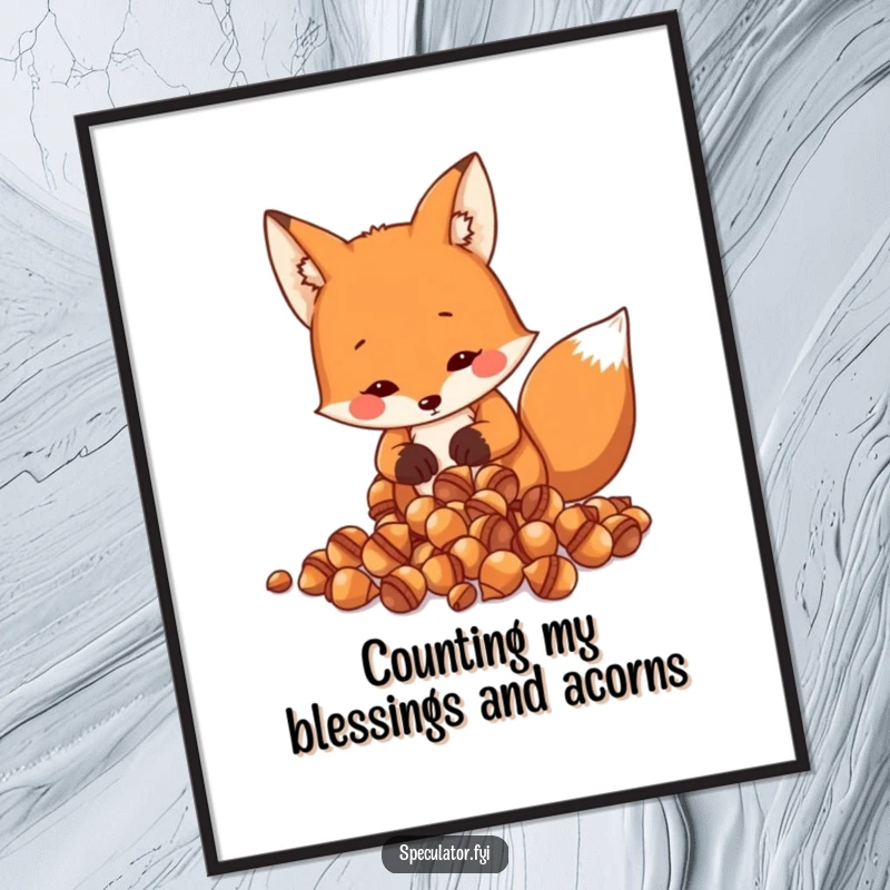 Funny Free Printable Fox Wall Art: Resourceful fox meticulously counts shiny acorns, adding sly humor to your decor.