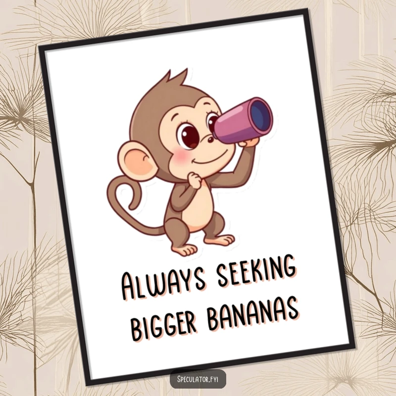 Funny Free Printable Monkey Wall Art: Curious monkey with spyglass gazes at a banana, creating hilarious downloadable decor.