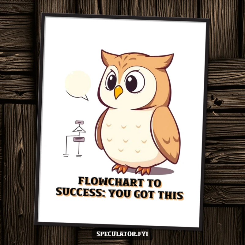 Funny free printable wall art of a thoughtful owl analyzing a complicated flowchart, perfect for a study.