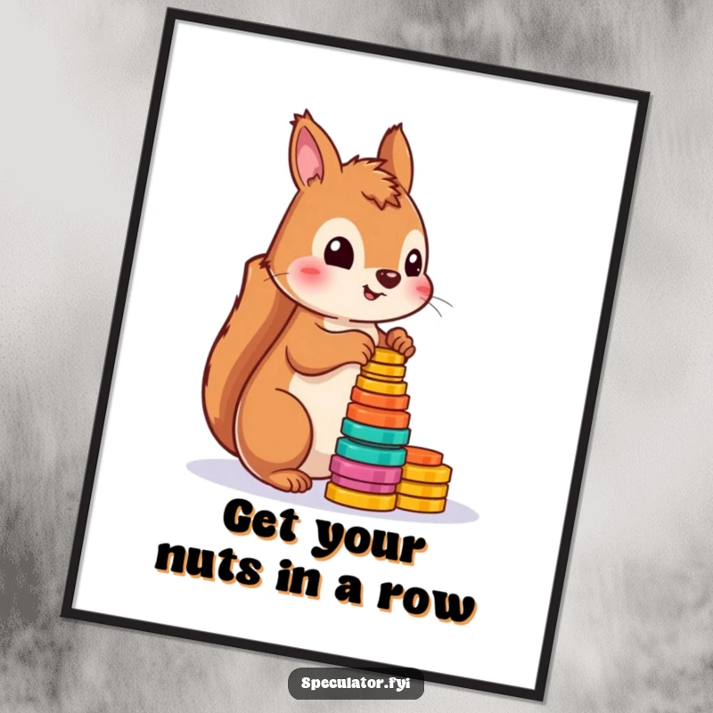 Funny free printable wall art: A playful squirrel is engrossed in counting a vibrant stack of tokens, bringing joy.