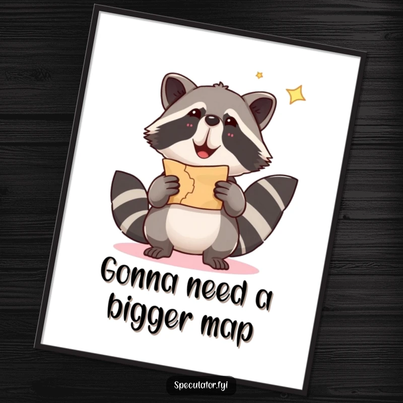 Funny free printable wall art of a determined raccoon holding a shimmering treasure map high, ready for adventure.