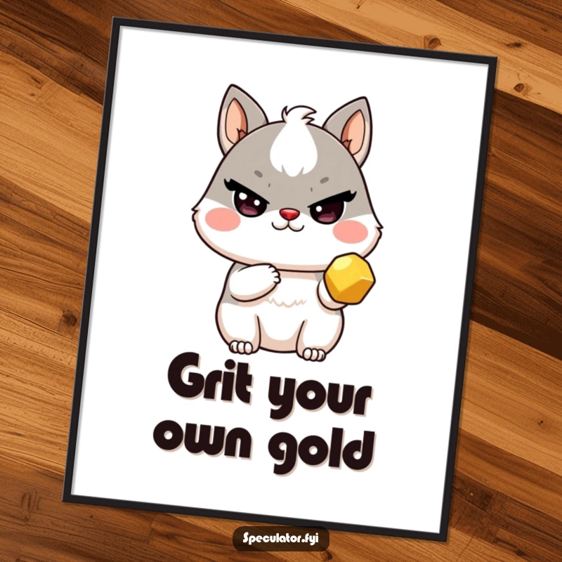 Funny Free Printable Kawaii animal with a sly wink, presenting a tiny golden nugget, as humorous wall art.