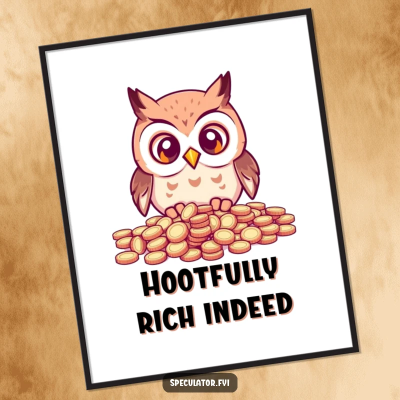 Funny Free Printable Wall Art: Kawaii owl with wide eyes gazing at scattered coins, a whimsical downloadable art.