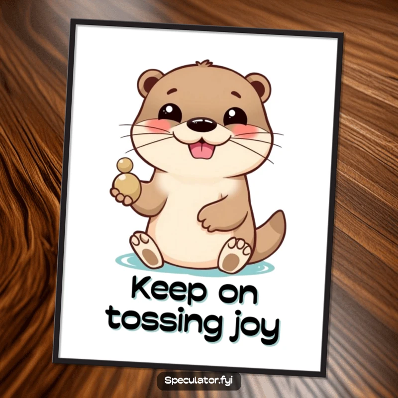 Funny Free Printable wall art: A lively otter character with a playful grin is captured mid-action, tossing a shiny pebble.