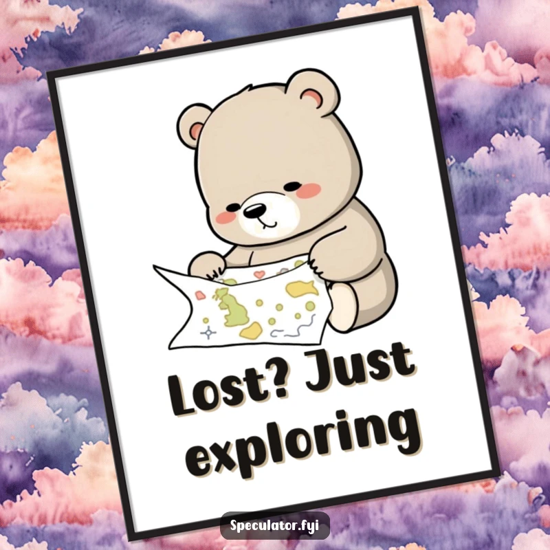 Funny Free Printable Wall Art: Thoughtful bear intently studies a complex, detailed map. Wise and humorous downloadable art.