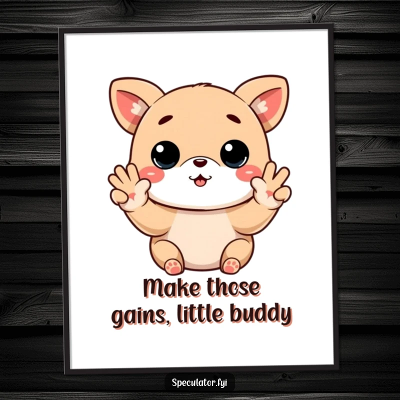 Funny Free Printable Kawaii animal stock trader, striking a buy low, sell high pose, displayed as humorous wall art.