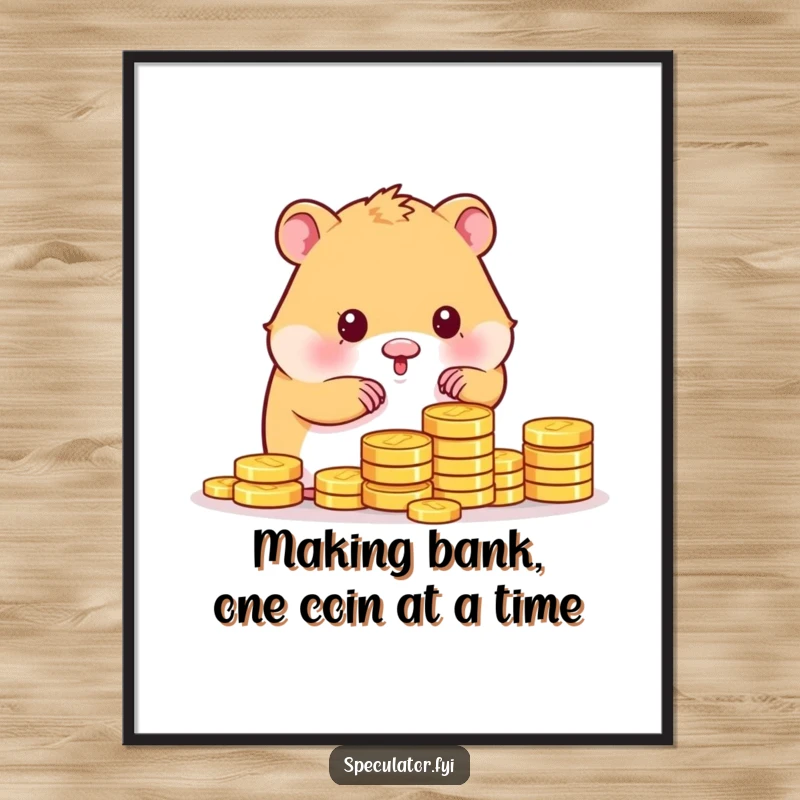 Funny Free Printable Wall Art: A kawaii hamster sitting atop a mountain of gleaming gold coins, a symbol of financial humor.