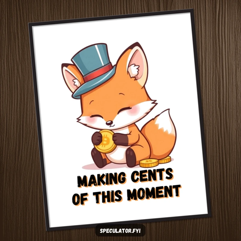 Funny Free Printable Wall Art: Dapper fox in tiny top hat intently examines a shiny gold coin. Humorous downloadable art.