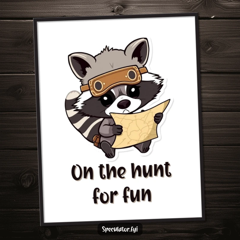Funny Free Printable wall art: A determined raccoon in a mask peers intently at a treasure map, ready for discovery.
