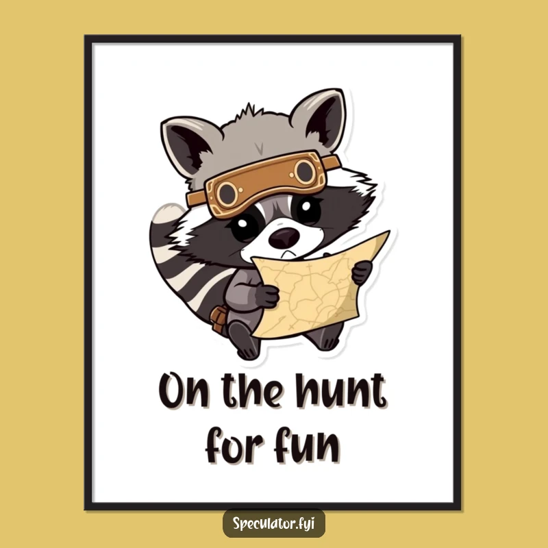 Free Printable Raccoon Art: Funny Treasure Map Hunter Downloadable Poster