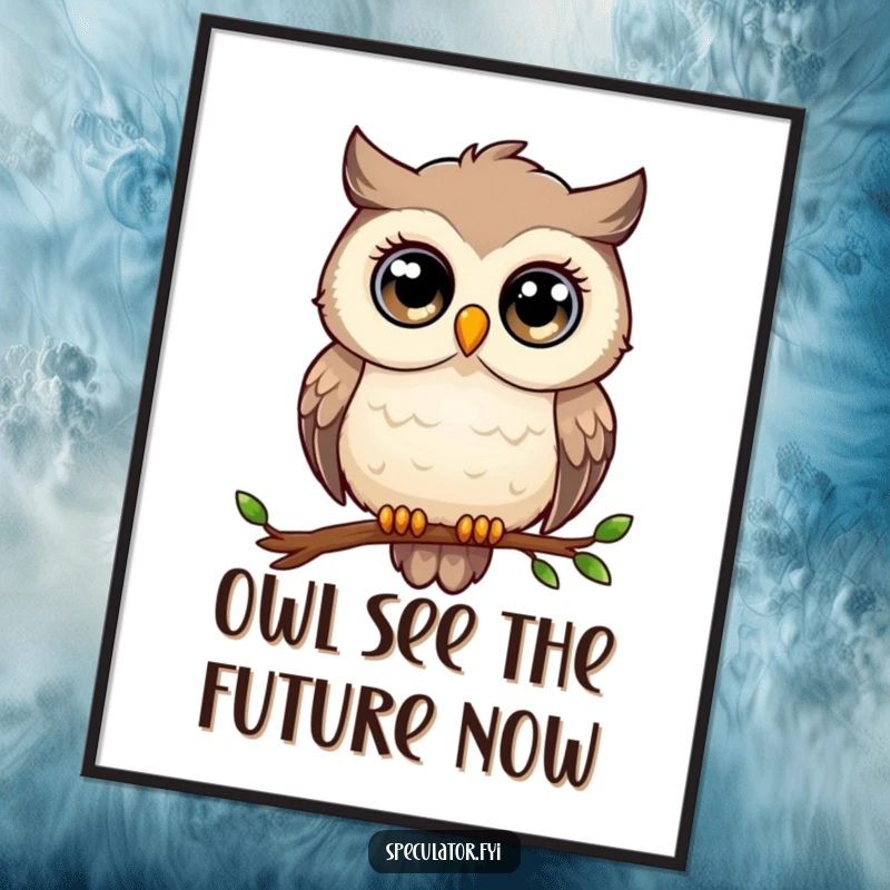 Funny Free Printable Wall Art: A thoughtful owl with large eyes gazes into the distance from a branch, exuding wisdom.
